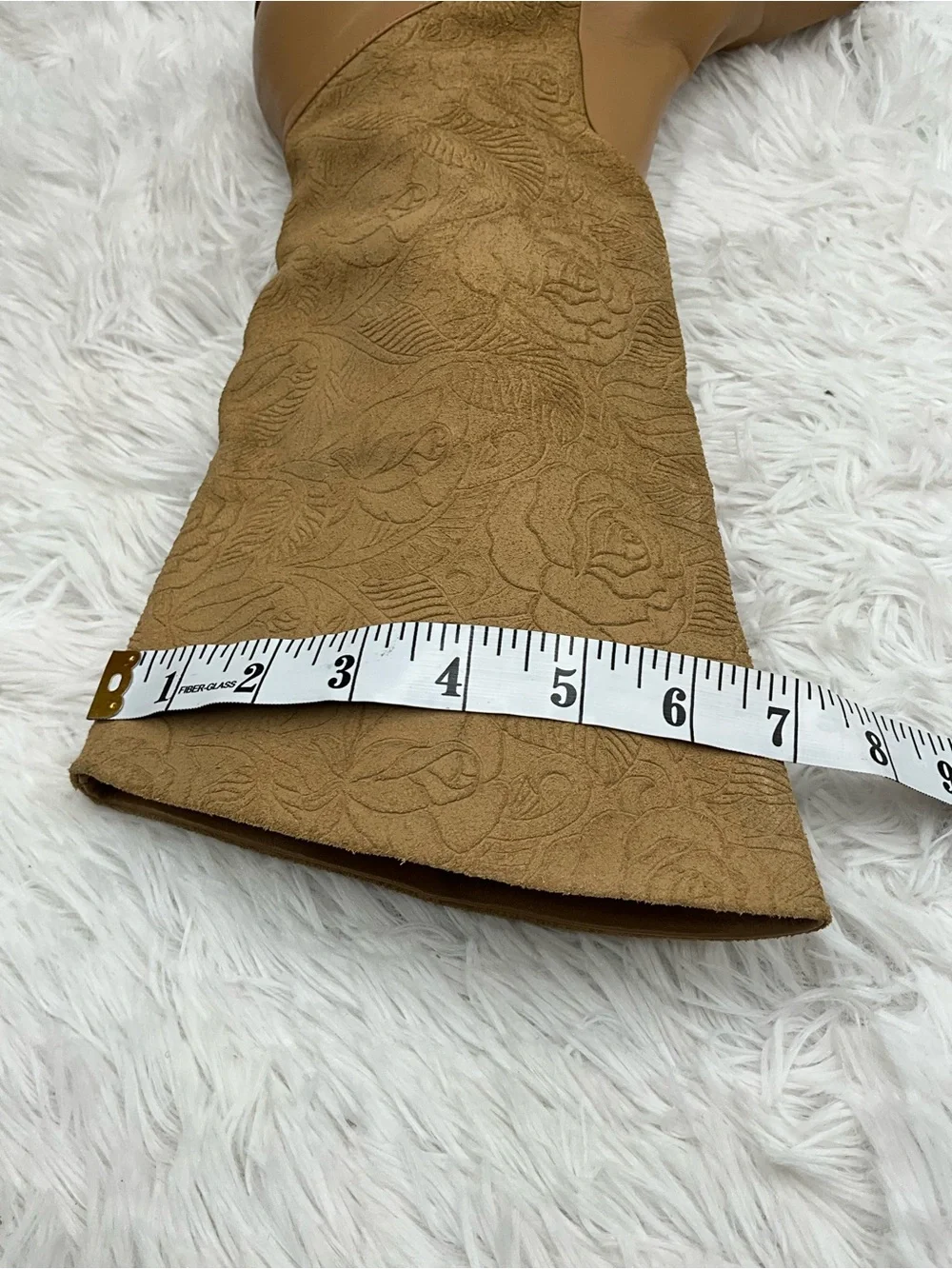 Markon “Suela” Mid Calf Boots Size 7W Tan Leather Suede Floral Embossed Boots